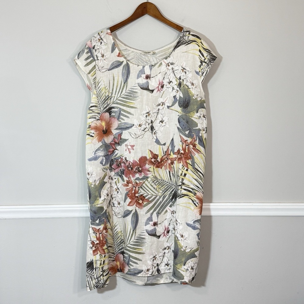 Lungo L'arno Floral Linen Shift Dress 2X Pockets Italy Made Coastal Beach Resort